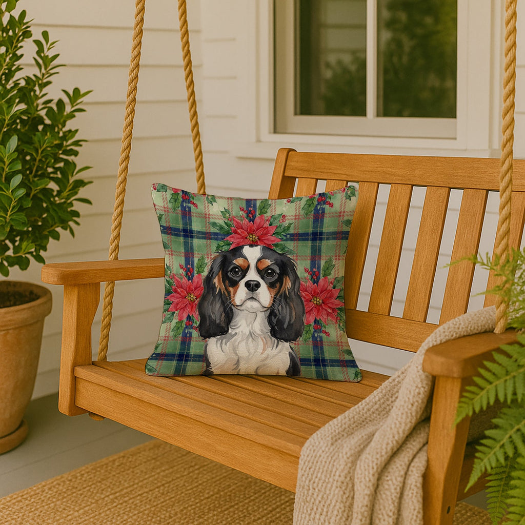 Tricolor Cavalier Spaniel Christmas PoinsettIas Decorative Throw Pillow 18x18 Indoor Outdoor Accent Cushion, Fabric Cover with Insert for Sofa, Bed, Porch & Living Room
