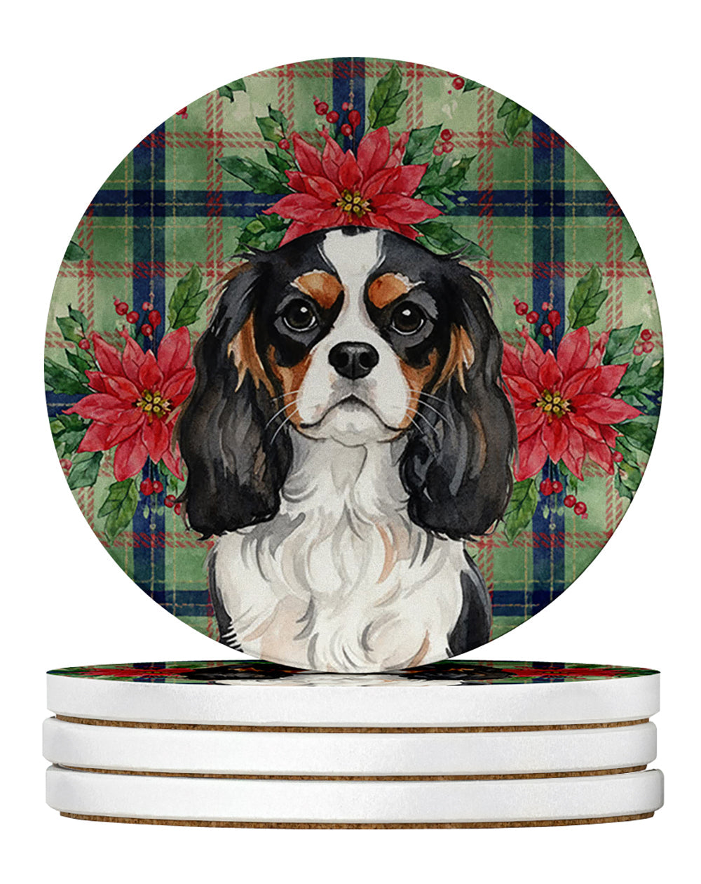 Tricolor Cavalier Spaniel Christmas PoinsettIas Large Sandstone Coasters Pack of 4 Absorbent Round Coasters Decor Gifts for Men or Women, 4 in, Multicolor