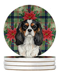 Tricolor Cavalier Spaniel Christmas PoinsettIas Large Sandstone Coasters Pack of 4 Absorbent Round Coasters Decor Gifts for Men or Women, 4 in, Multicolor
