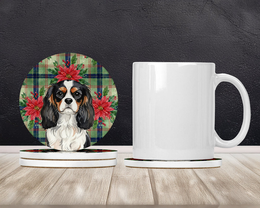Tricolor Cavalier Spaniel Christmas PoinsettIas Large Sandstone Coasters Pack of 4 Absorbent Round Coasters Decor Gifts for Men or Women, 4 in, Multicolor