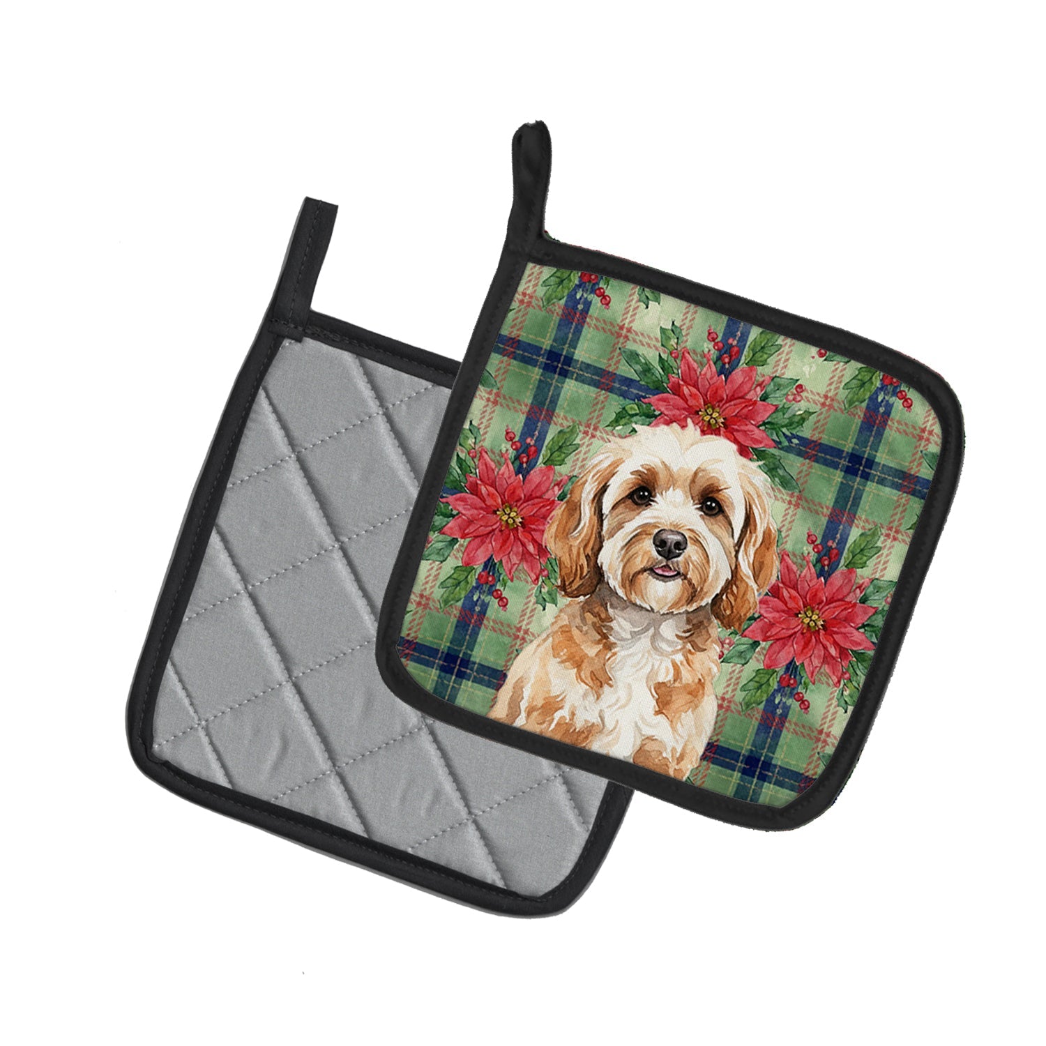 Cavapoo Christmas PoinsettIas Pot Holder Set of 2 Heat Resistant Quilted Hot Pads 7.5 x 7.5 Inch, Insulated Kitchen Trivets for Cooking & Baking