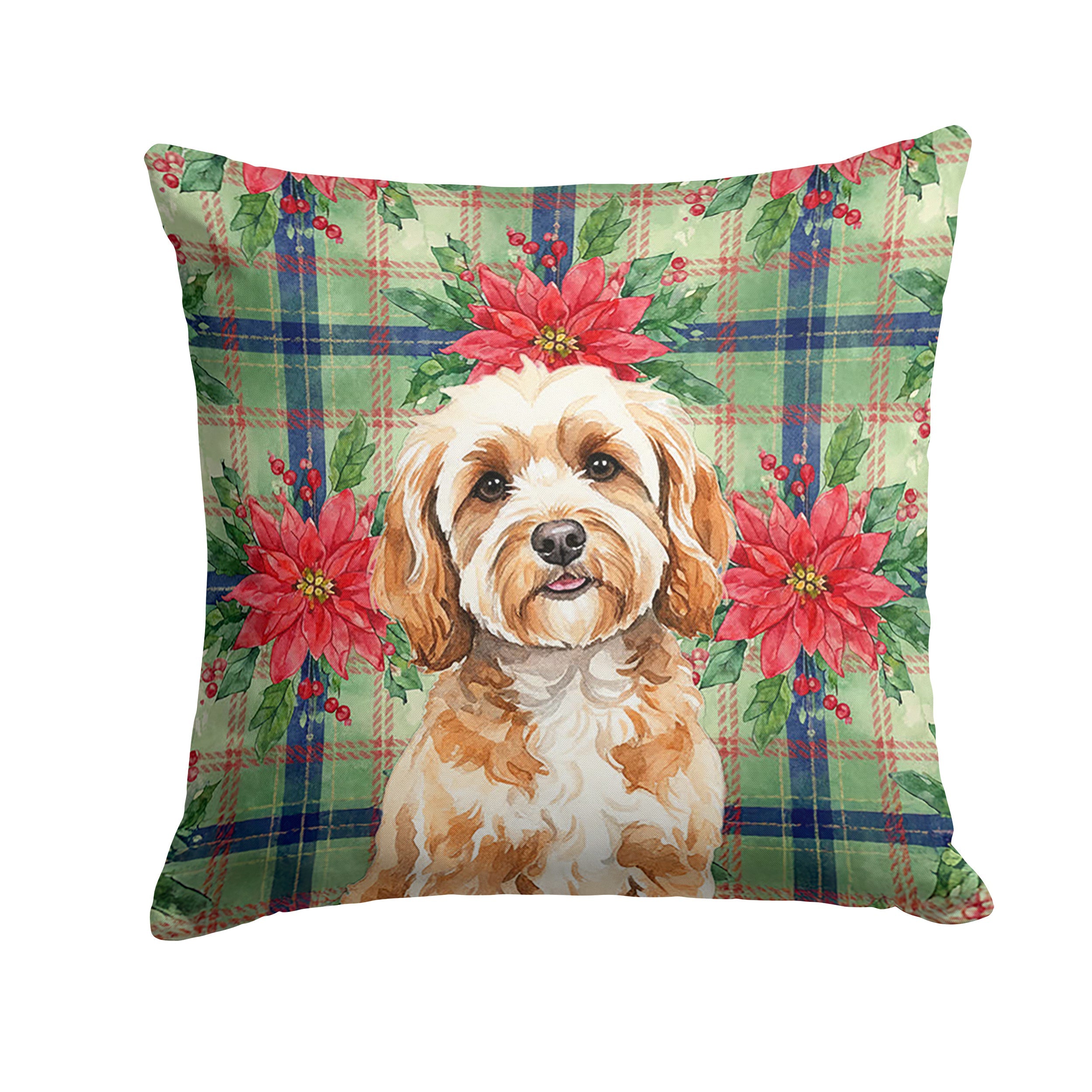 Cavapoo Christmas PoinsettIas Decorative Throw Pillow 18x18 Indoor Outdoor Accent Cushion, Fabric Cover with Insert for Sofa, Bed, Porch & Living Room