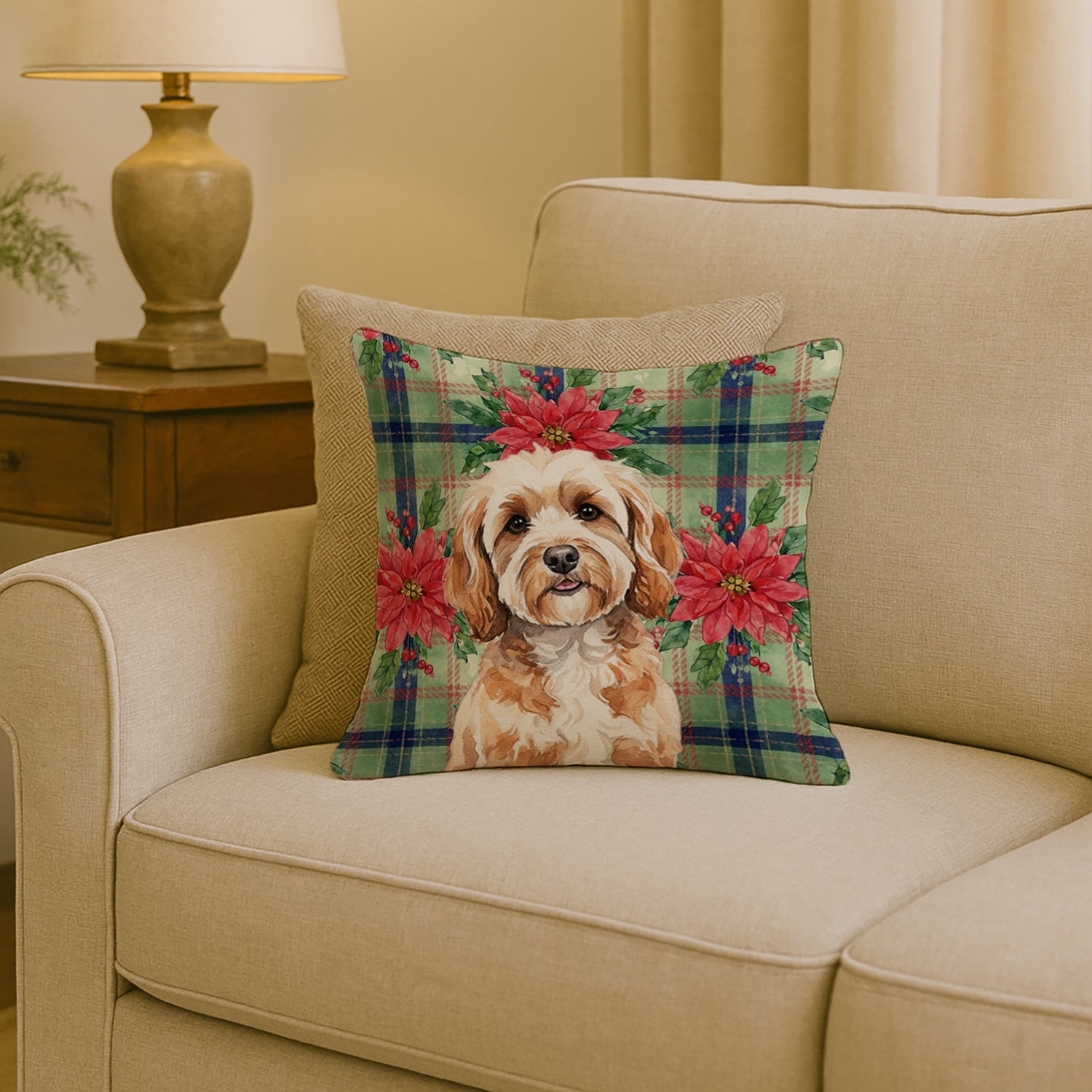 Cavapoo Christmas PoinsettIas Decorative Throw Pillow 18x18 Indoor Outdoor Accent Cushion, Fabric Cover with Insert for Sofa, Bed, Porch & Living Room