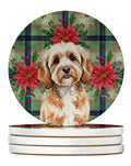 Cavapoo Christmas PoinsettIas Large Sandstone Coasters Pack of 4 Absorbent Round Coasters Decor Gifts for Men or Women, 4 in, Multicolor