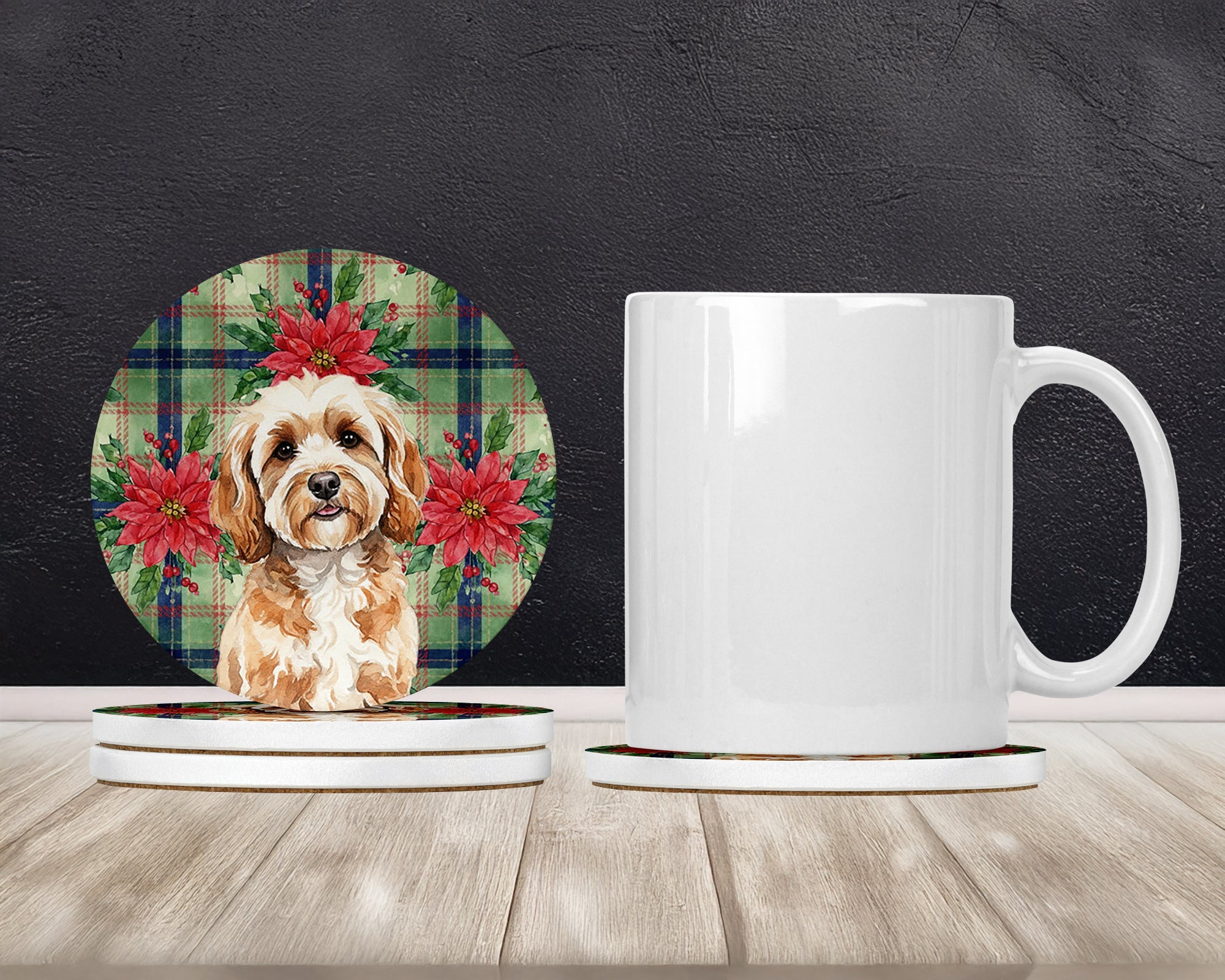 Cavapoo Christmas PoinsettIas Large Sandstone Coasters Pack of 4 Absorbent Round Coasters Decor Gifts for Men or Women, 4 in, Multicolor