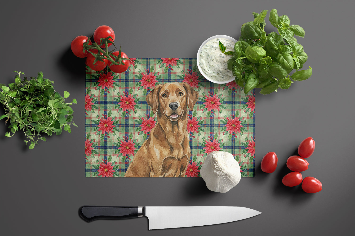 Chesapeake Bay Retriever Christmas PoinsettIas Cutting Board Tempered Glass Kitchen Cutting Surface, Heat Resistant Chopping, Non-Slip Feet, Food Prep & Serving