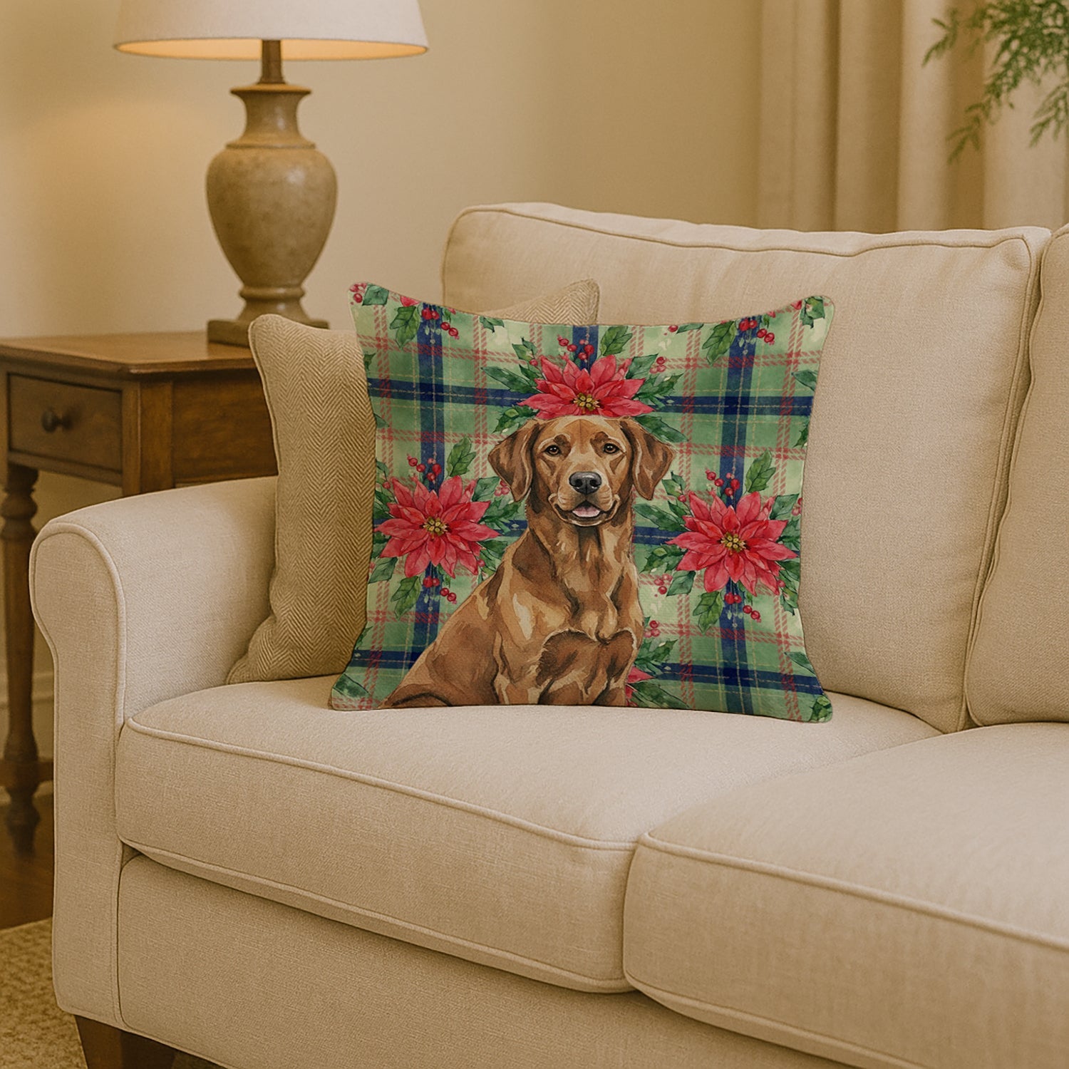 Chesapeake Bay Retriever Christmas PoinsettIas Decorative Throw Pillow 14x14 Indoor Outdoor Accent Cushion, Fabric Cover with Insert for Sofa, Bed, Porch & Living Room