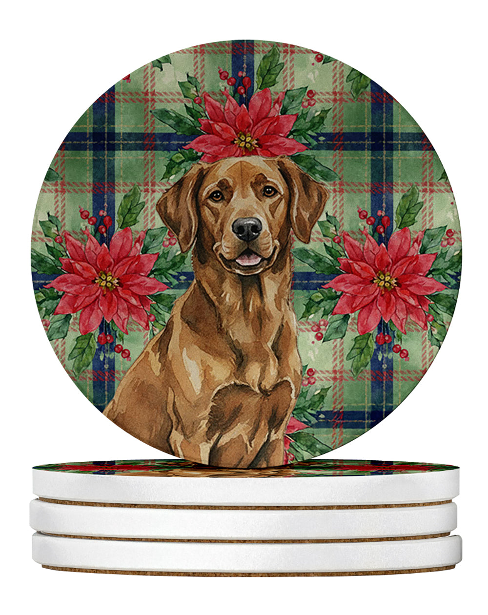 Chesapeake Bay Retriever Christmas PoinsettIas Large Sandstone Coasters Pack of 4 Absorbent Round Coasters Decor Gifts for Men or Women, 4 in, Multicolor
