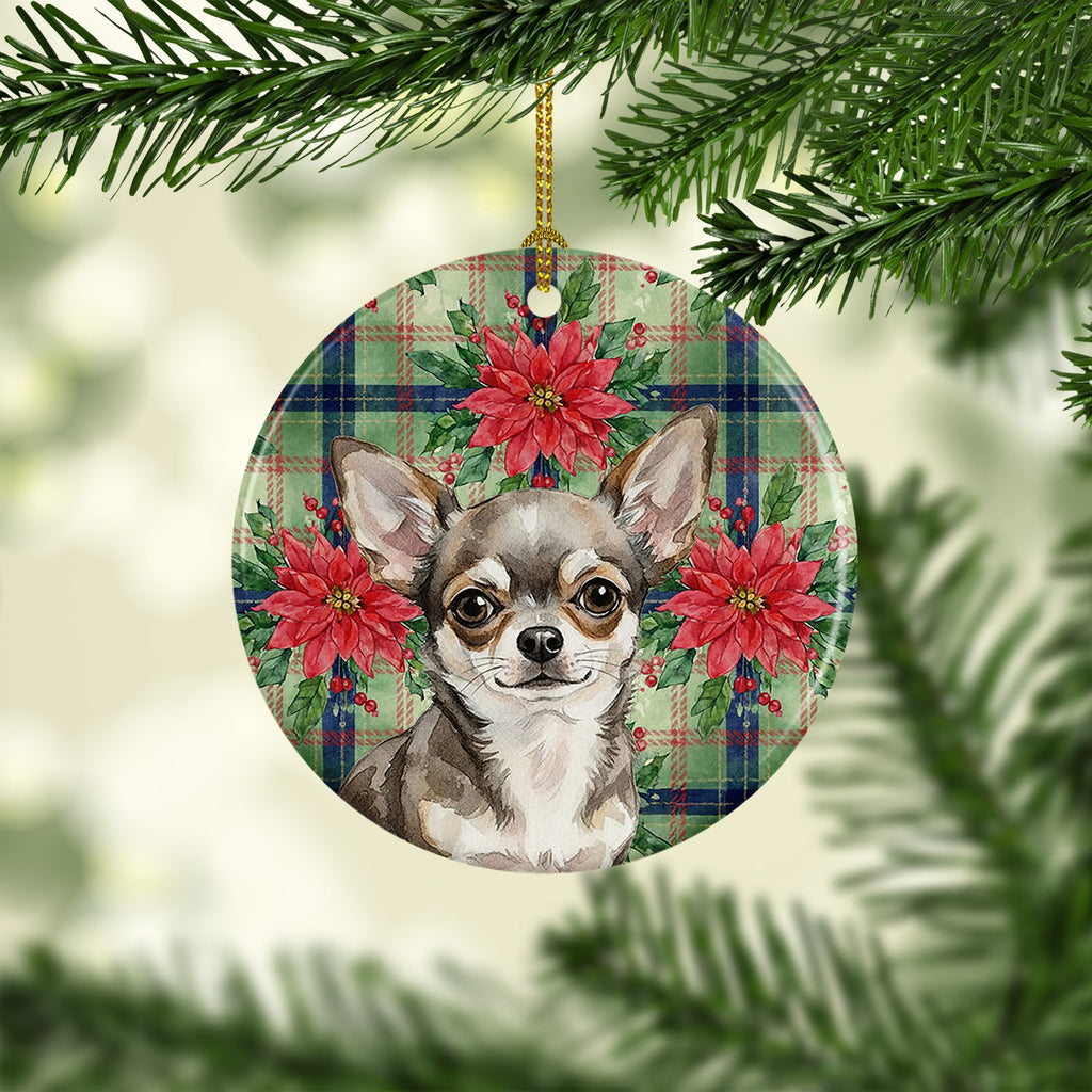 Chihuahua Christmas PoinsettIas Ceramic Ornament Christmas Tree Hanging Decorations for Home Christmas Holiday, Party, Gift, 3 in, Multicolor