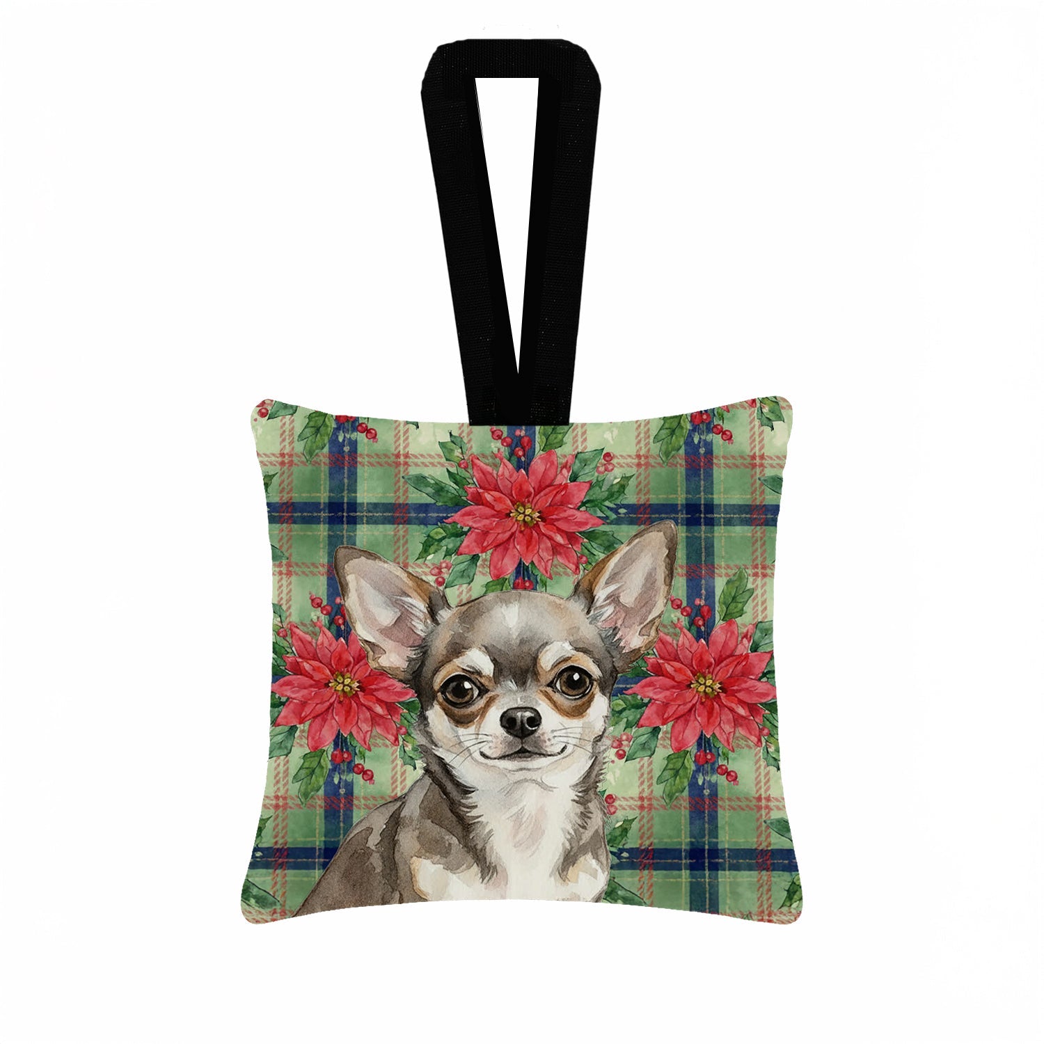Chihuahua Christmas PoinsettIas Hanging Square Fabric Ornament 3.5 � 3.5 Decorative Door-Knob & Tree Hanger, Soft Fabric