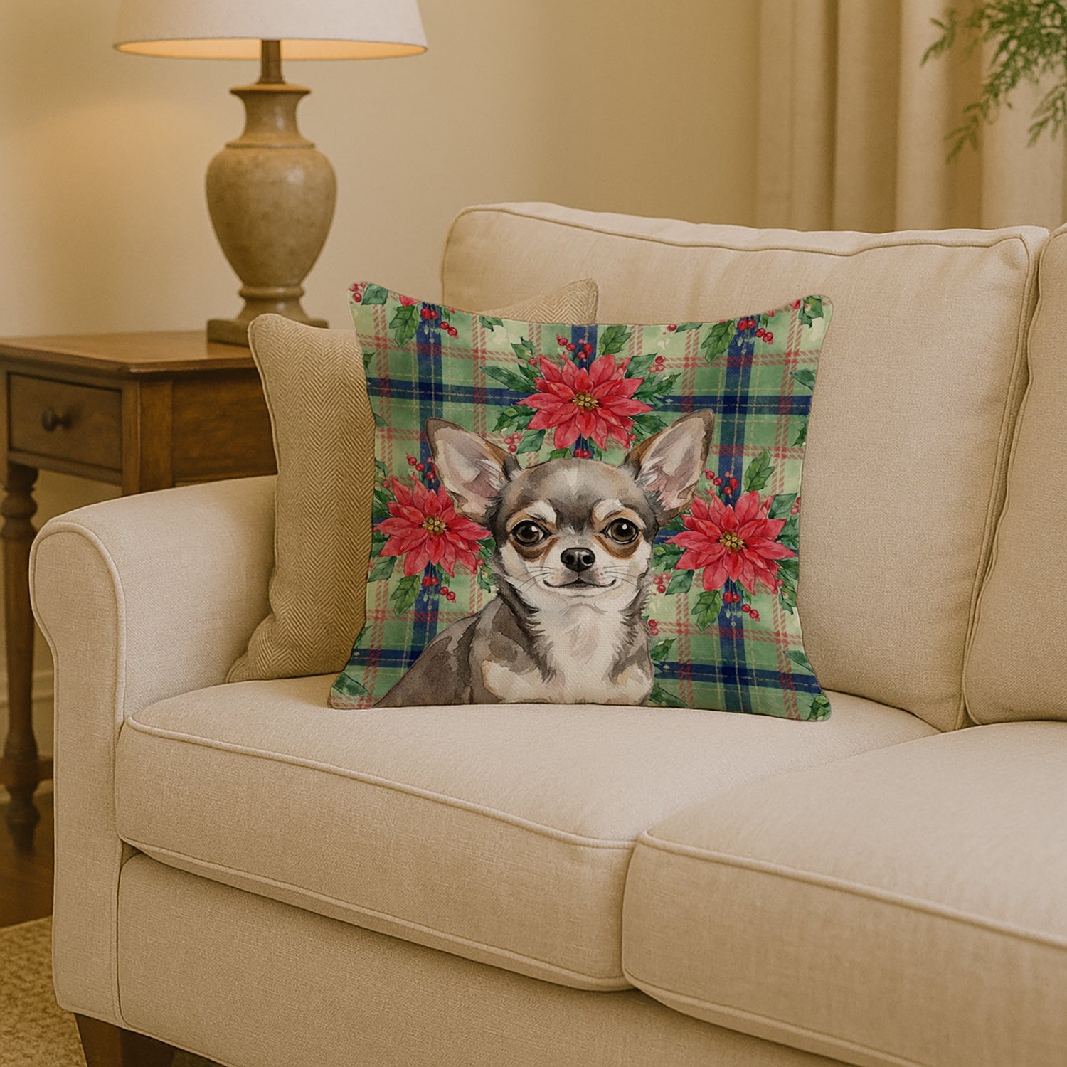 Chihuahua Christmas PoinsettIas Decorative Throw Pillow 14x14 Indoor Outdoor Accent Cushion, Fabric Cover with Insert for Sofa, Bed, Porch & Living Room