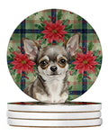 Chihuahua Christmas PoinsettIas Large Sandstone Coasters Pack of 4 Absorbent Round Coasters Decor Gifts for Men or Women, 4 in, Multicolor