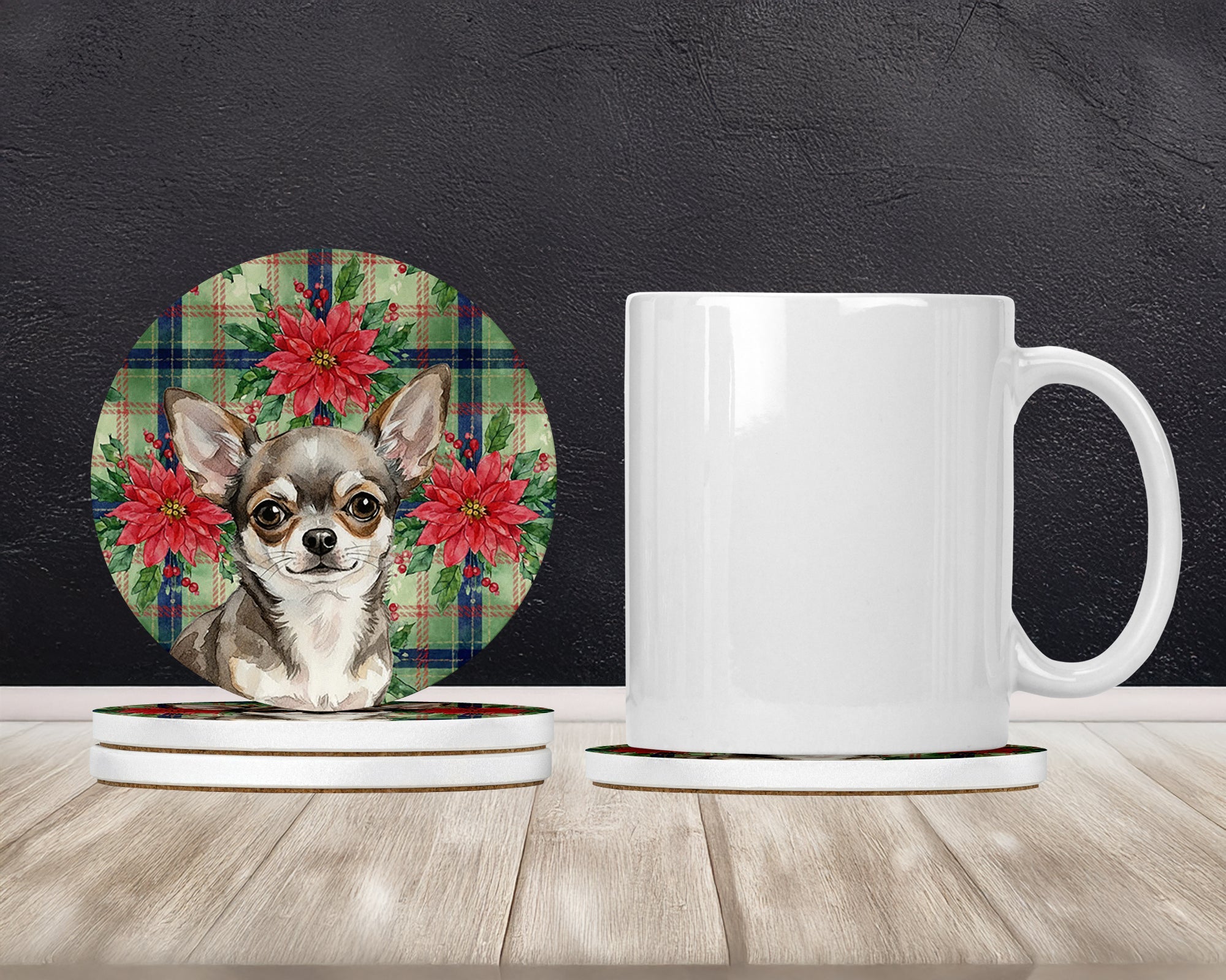 Chihuahua Christmas PoinsettIas Large Sandstone Coasters Pack of 4 Absorbent Round Coasters Decor Gifts for Men or Women, 4 in, Multicolor