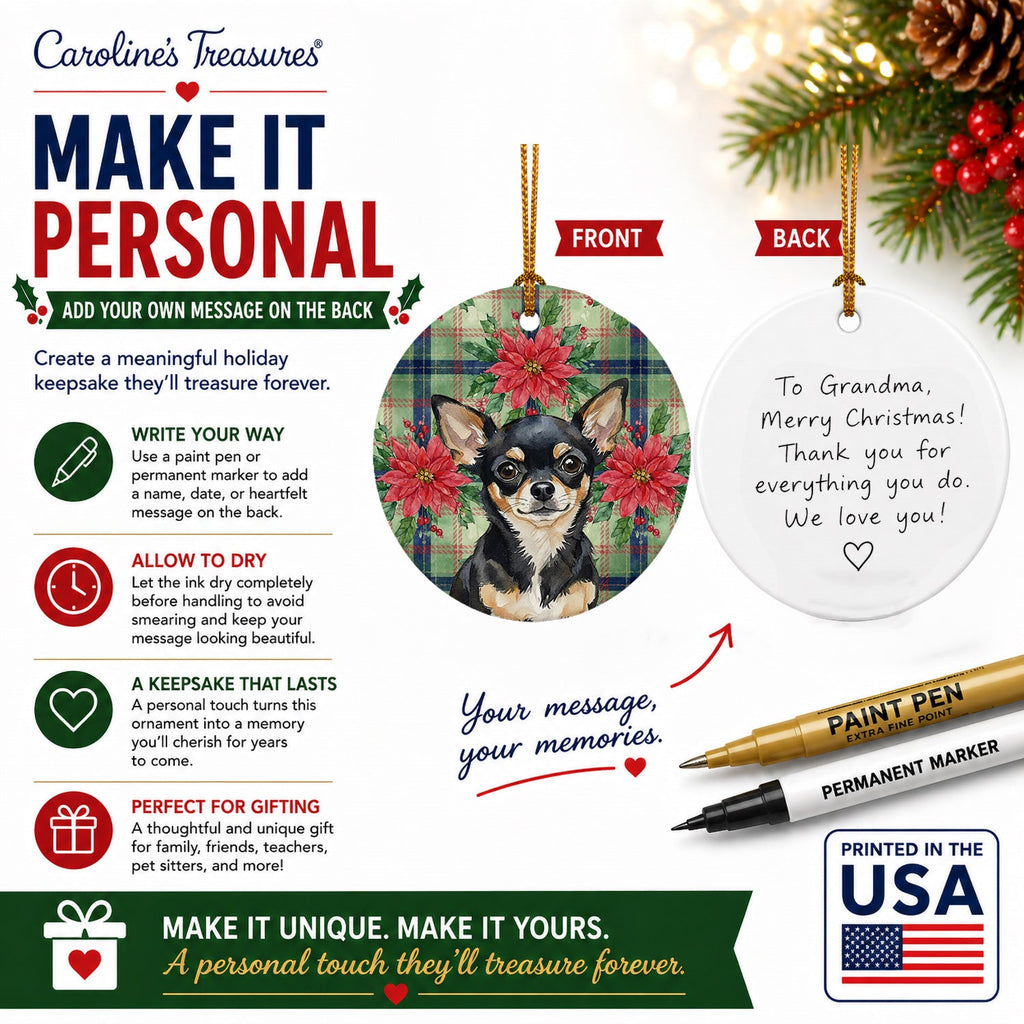 Black and Tan Chihuahua Christmas PoinsettIas Ceramic Ornament Christmas Tree Hanging Decorations for Home Christmas Holiday, Party, Gift, 3 in, Multicolor