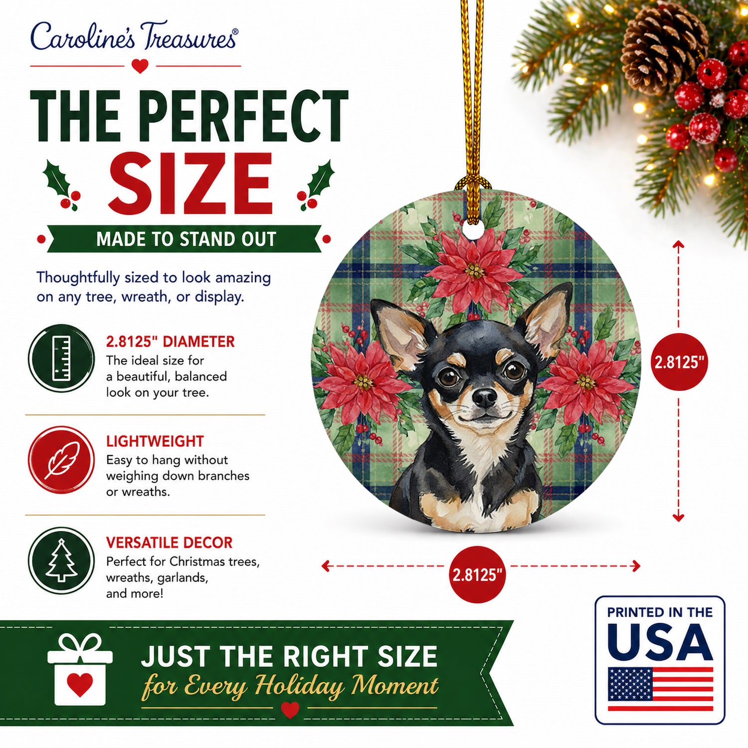 Black and Tan Chihuahua Christmas PoinsettIas Ceramic Ornament Christmas Tree Hanging Decorations for Home Christmas Holiday, Party, Gift, 3 in, Multicolor