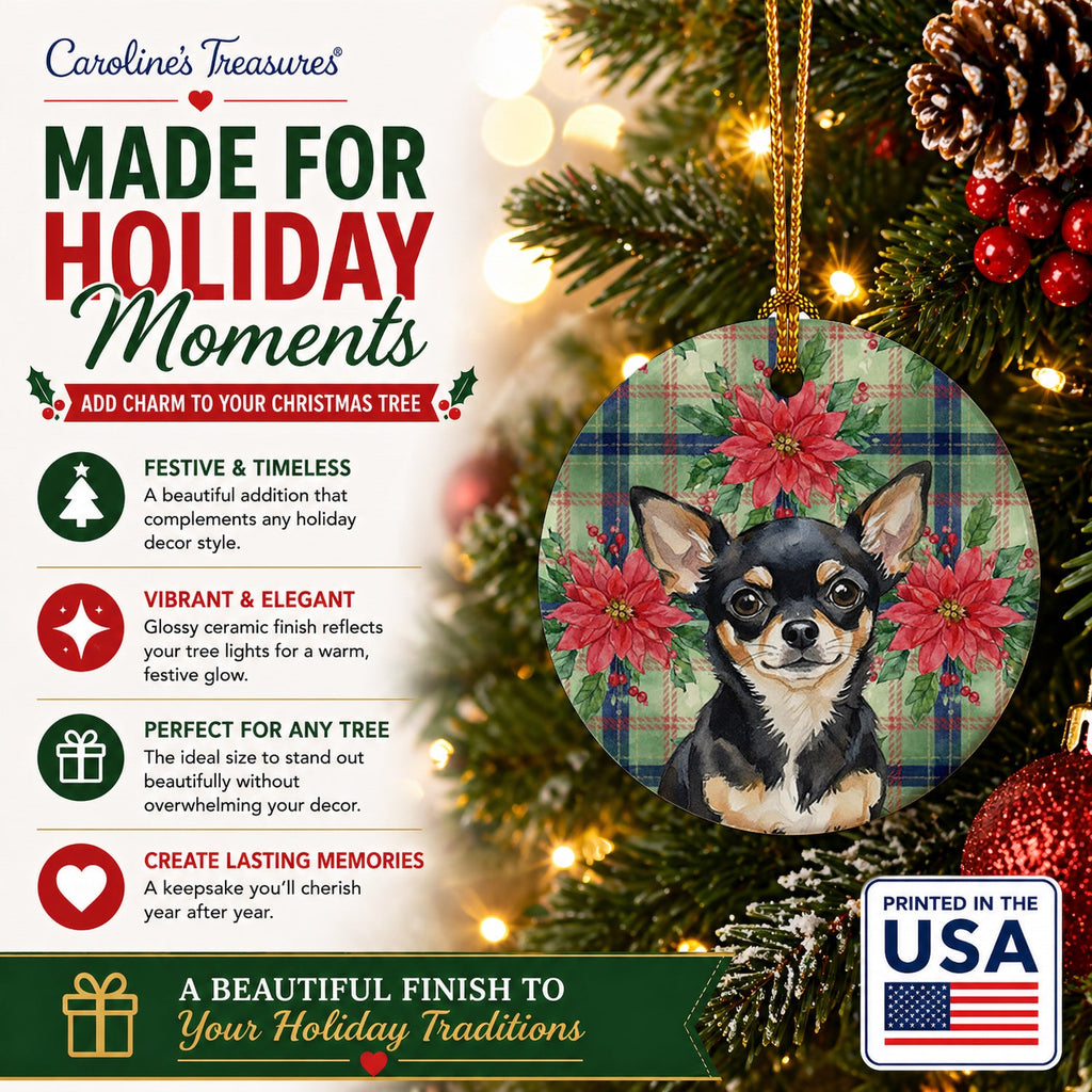Black and Tan Chihuahua Christmas PoinsettIas Ceramic Ornament Christmas Tree Hanging Decorations for Home Christmas Holiday, Party, Gift, 3 in, Multicolor