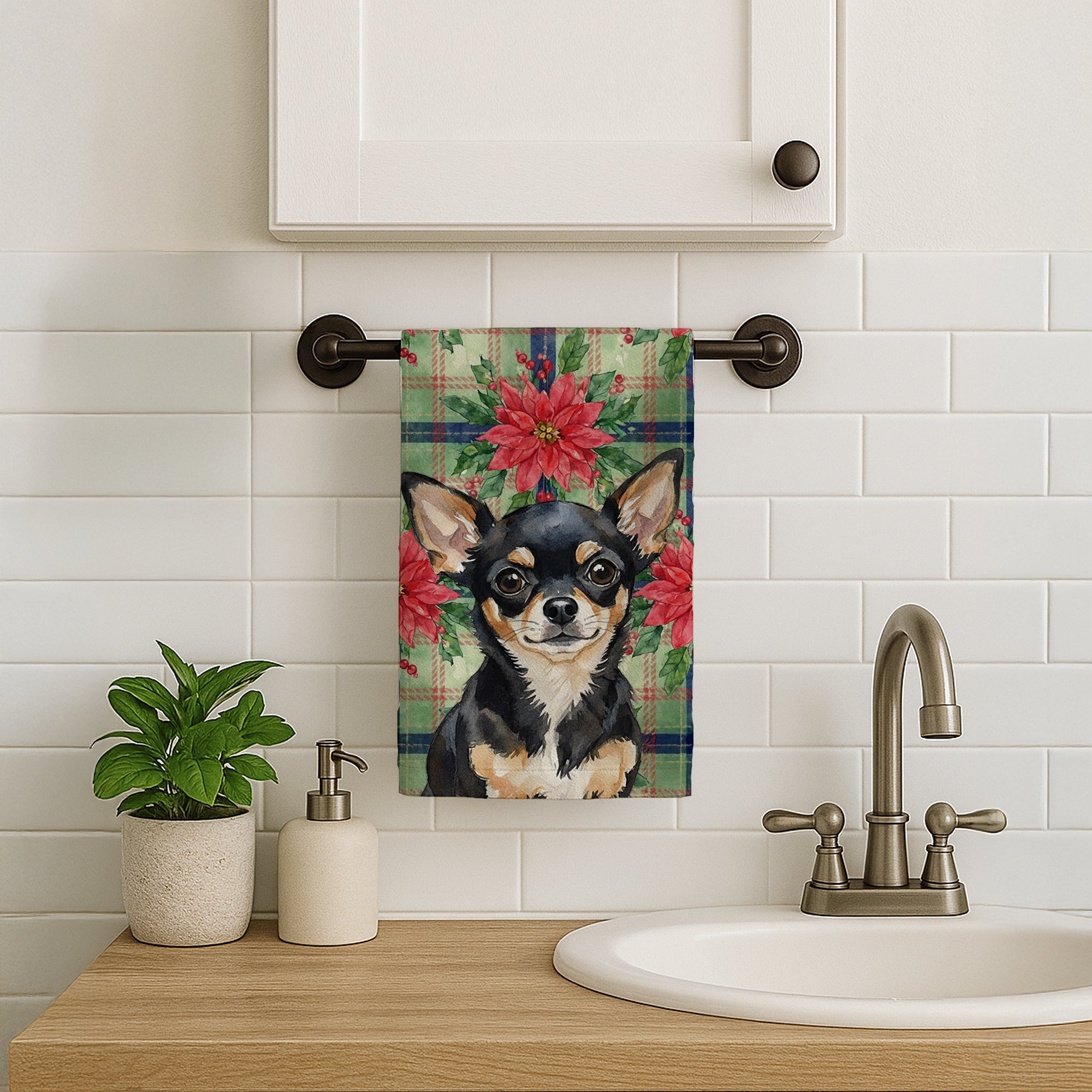 Black and Tan Chihuahua Christmas PoinsettIas Kitchen Towel Velour Plush Front and Cotton Loop Back Machine Washable