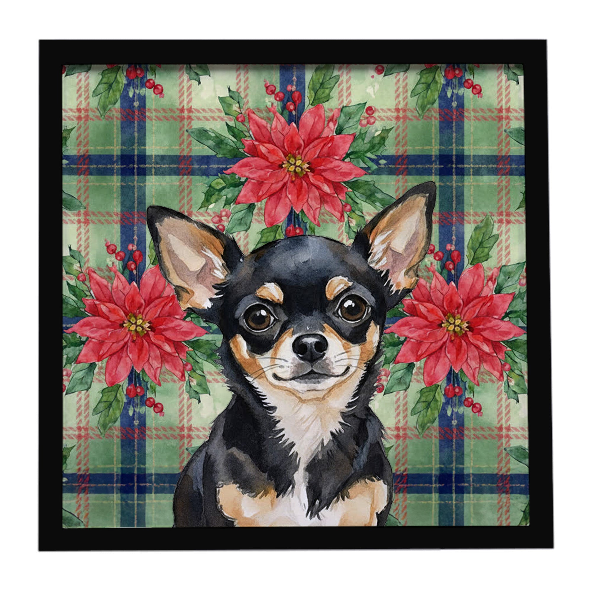 Black and Tan Chihuahua Christmas PoinsettIas Framed Metal Print Bathroom, Kitchen, Office, Home Decor Wall Art Ready to Hang, Square, 8X8
