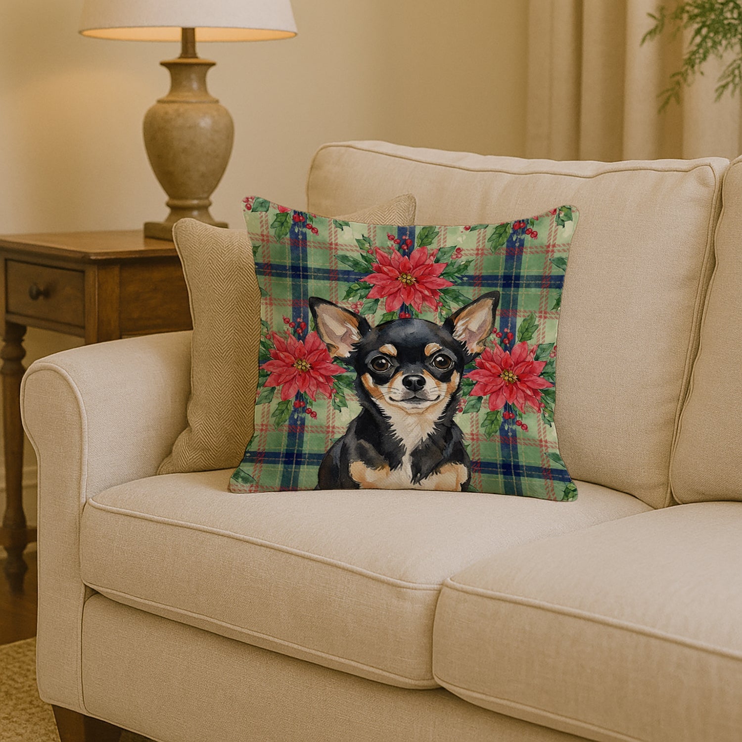 Black and Tan Chihuahua Christmas PoinsettIas Decorative Throw Pillow 14x14 Indoor Outdoor Accent Cushion, Fabric Cover with Insert for Sofa, Bed, Porch & Living Room