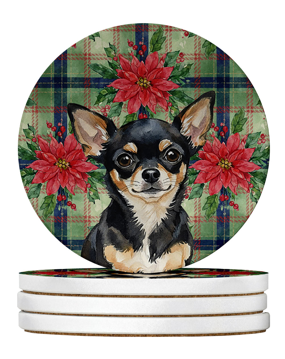 Black and Tan Chihuahua Christmas PoinsettIas Large Sandstone Coasters Pack of 4 Absorbent Round Coasters Decor Gifts for Men or Women, 4 in, Multicolor