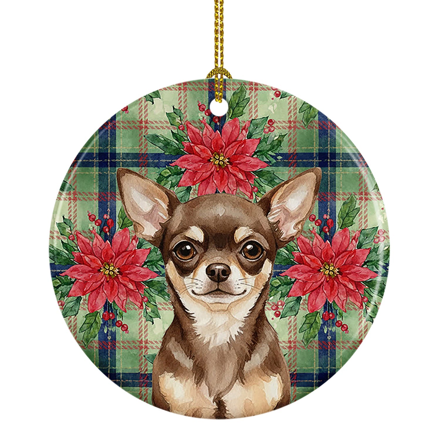 Chocolate Chihuahua Christmas PoinsettIas Ceramic Ornament Christmas Tree Hanging Decorations for Home Christmas Holiday, Party, Gift, 3 in, Multicolor