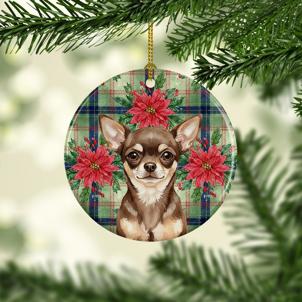 Chocolate Chihuahua Christmas PoinsettIas Ceramic Ornament Christmas Tree Hanging Decorations for Home Christmas Holiday, Party, Gift, 3 in, Multicolor