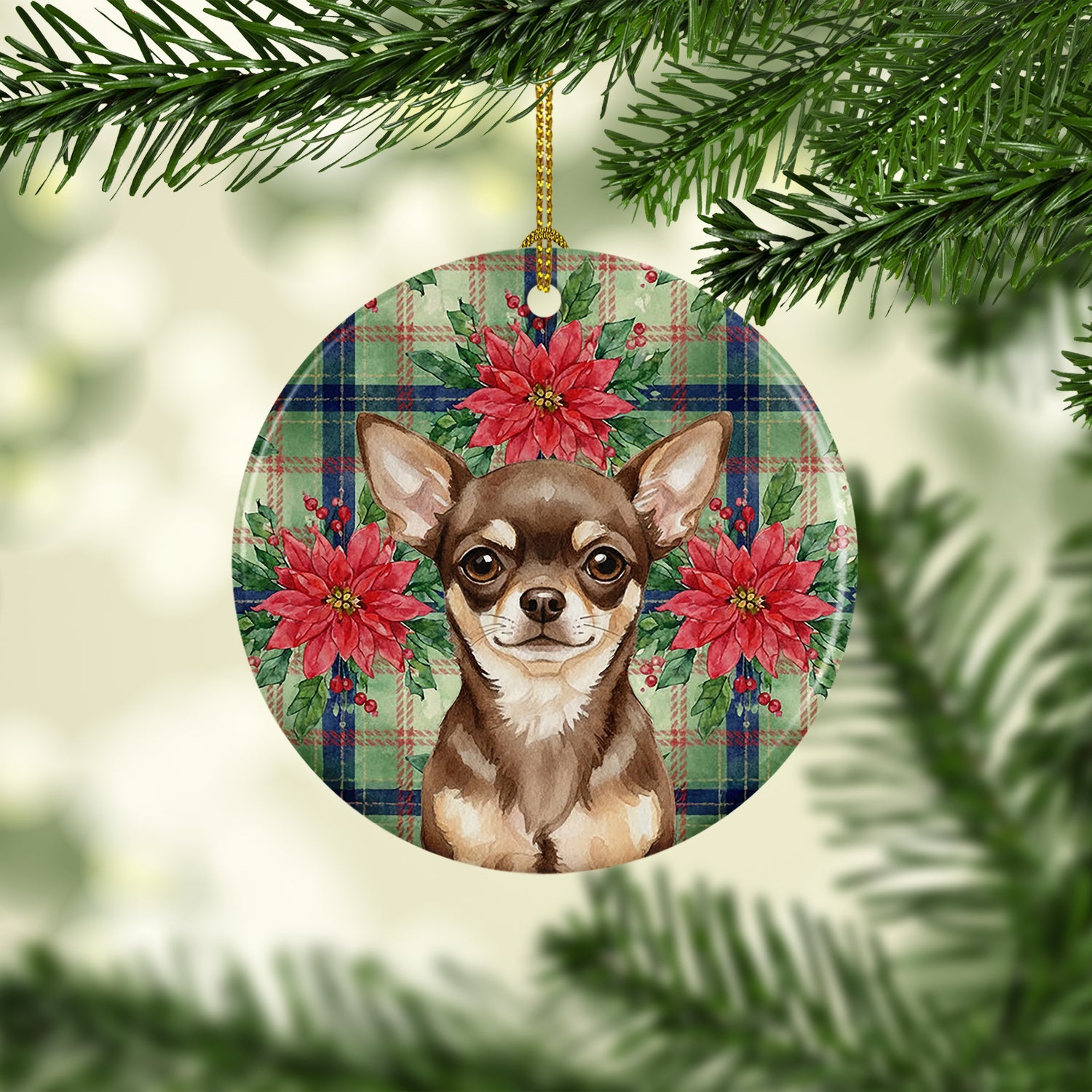 Chocolate Chihuahua Christmas PoinsettIas Ceramic Ornament Christmas Tree Hanging Decorations for Home Christmas Holiday, Party, Gift, 3 in, Multicolor
