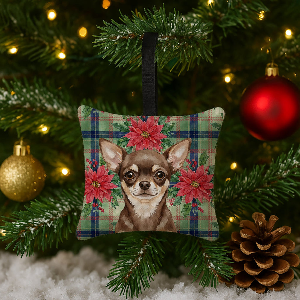 Chocolate Chihuahua Christmas PoinsettIas Hanging Square Fabric Ornament 3.5 � 3.5 Decorative Door-Knob & Tree Hanger, Soft Fabric