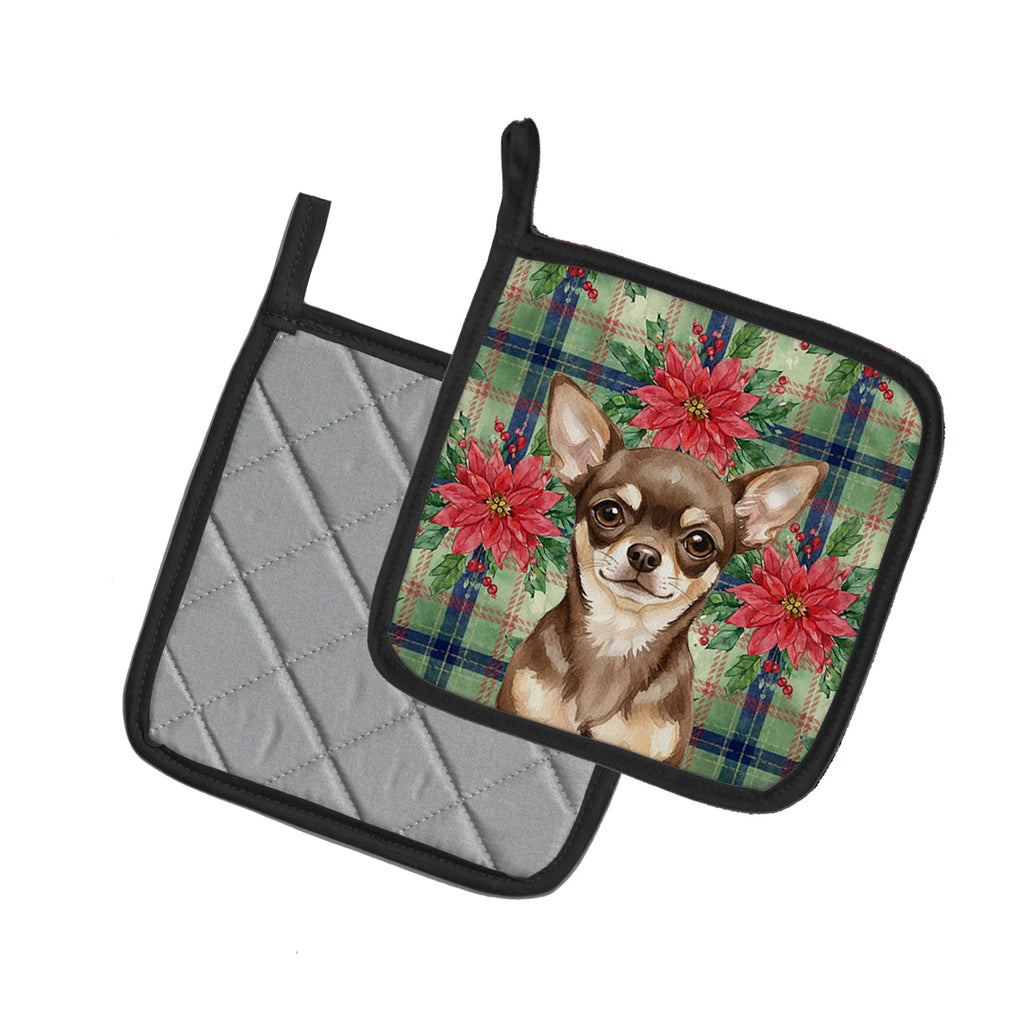 Chocolate Chihuahua Christmas PoinsettIas Pot Holder Set of 2 Heat Resistant Quilted Hot Pads 7.5 x 7.5 Inch, Insulated Kitchen Trivets for Cooking & Baking