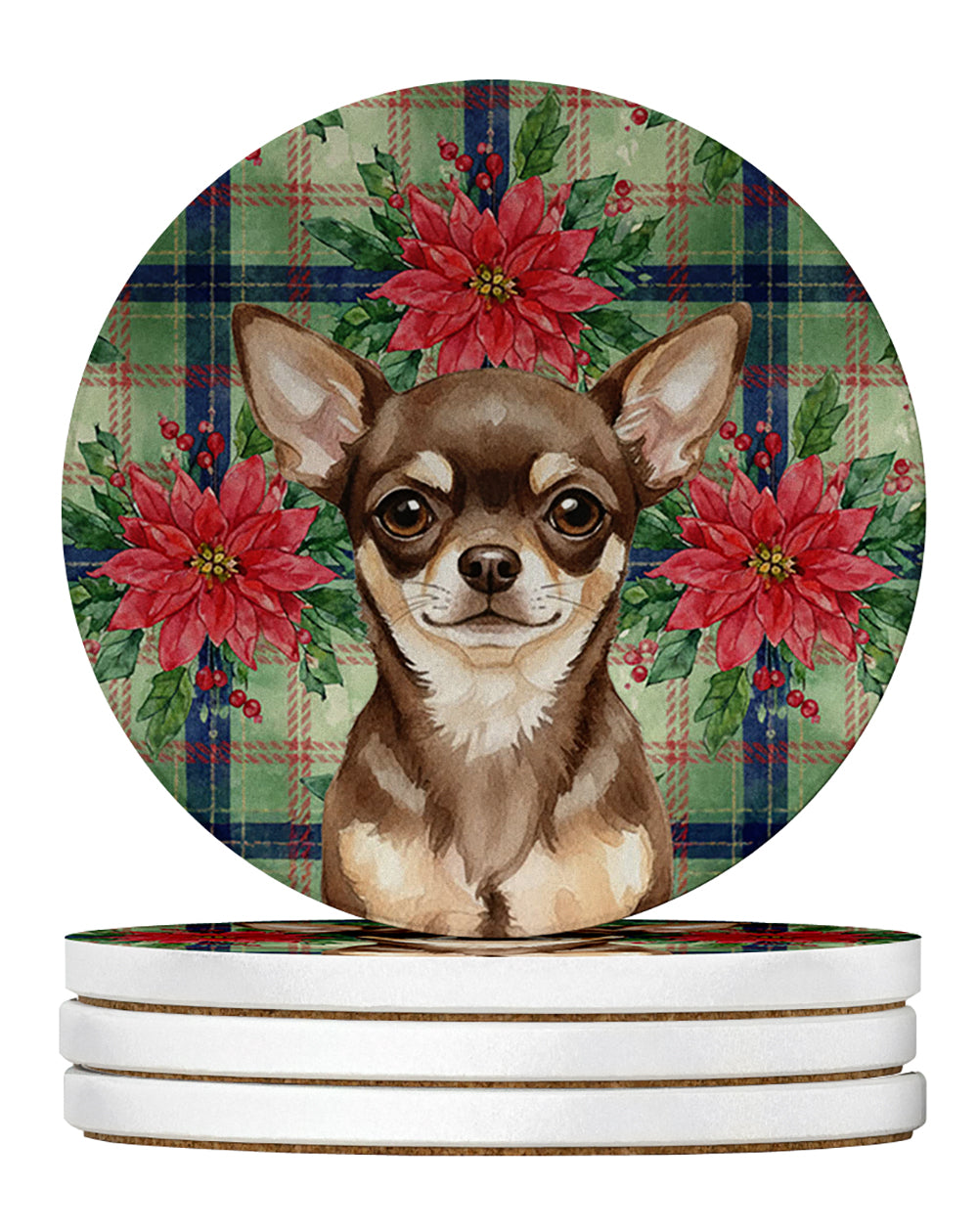 Chocolate Chihuahua Christmas PoinsettIas Large Sandstone Coasters Pack of 4 Absorbent Round Coasters Decor Gifts for Men or Women, 4 in, Multicolor