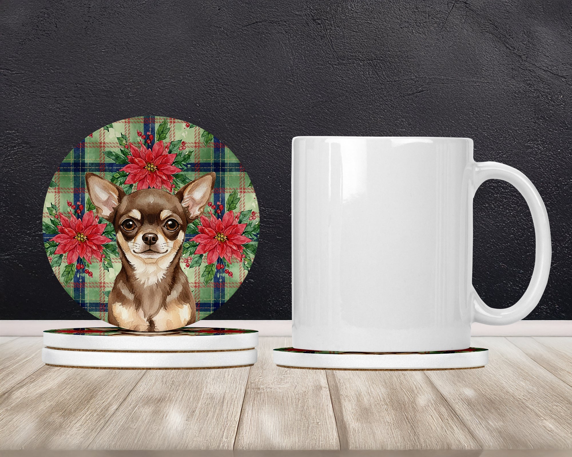 Chocolate Chihuahua Christmas PoinsettIas Large Sandstone Coasters Pack of 4 Absorbent Round Coasters Decor Gifts for Men or Women, 4 in, Multicolor
