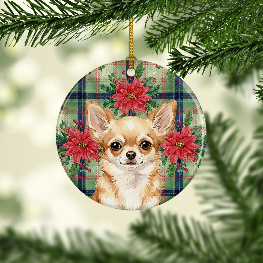 Fawn Chihuahua Christmas PoinsettIas Ceramic Ornament Christmas Tree Hanging Decorations for Home Christmas Holiday, Party, Gift, 3 in, Multicolor