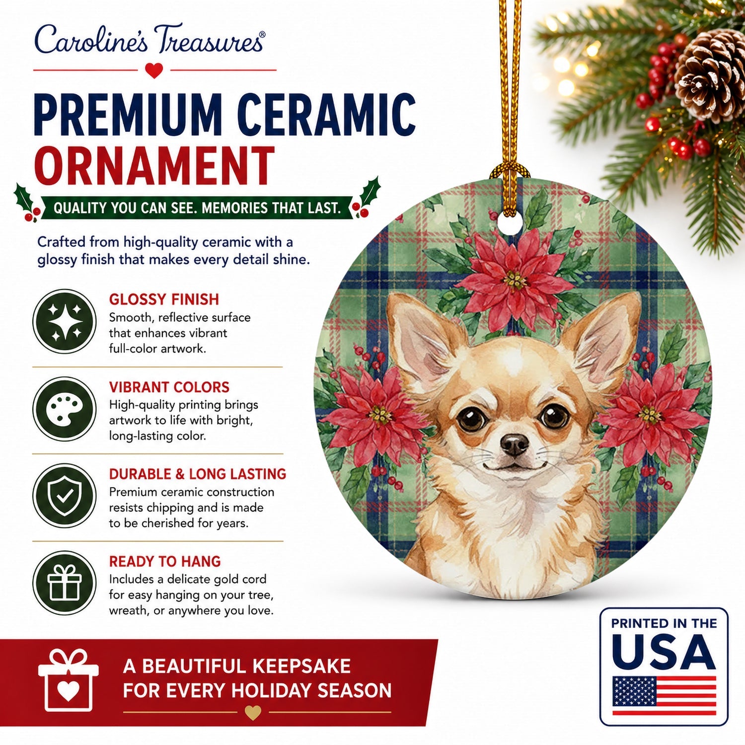Fawn Chihuahua Christmas PoinsettIas Ceramic Ornament Christmas Tree Hanging Decorations for Home Christmas Holiday, Party, Gift, 3 in, Multicolor