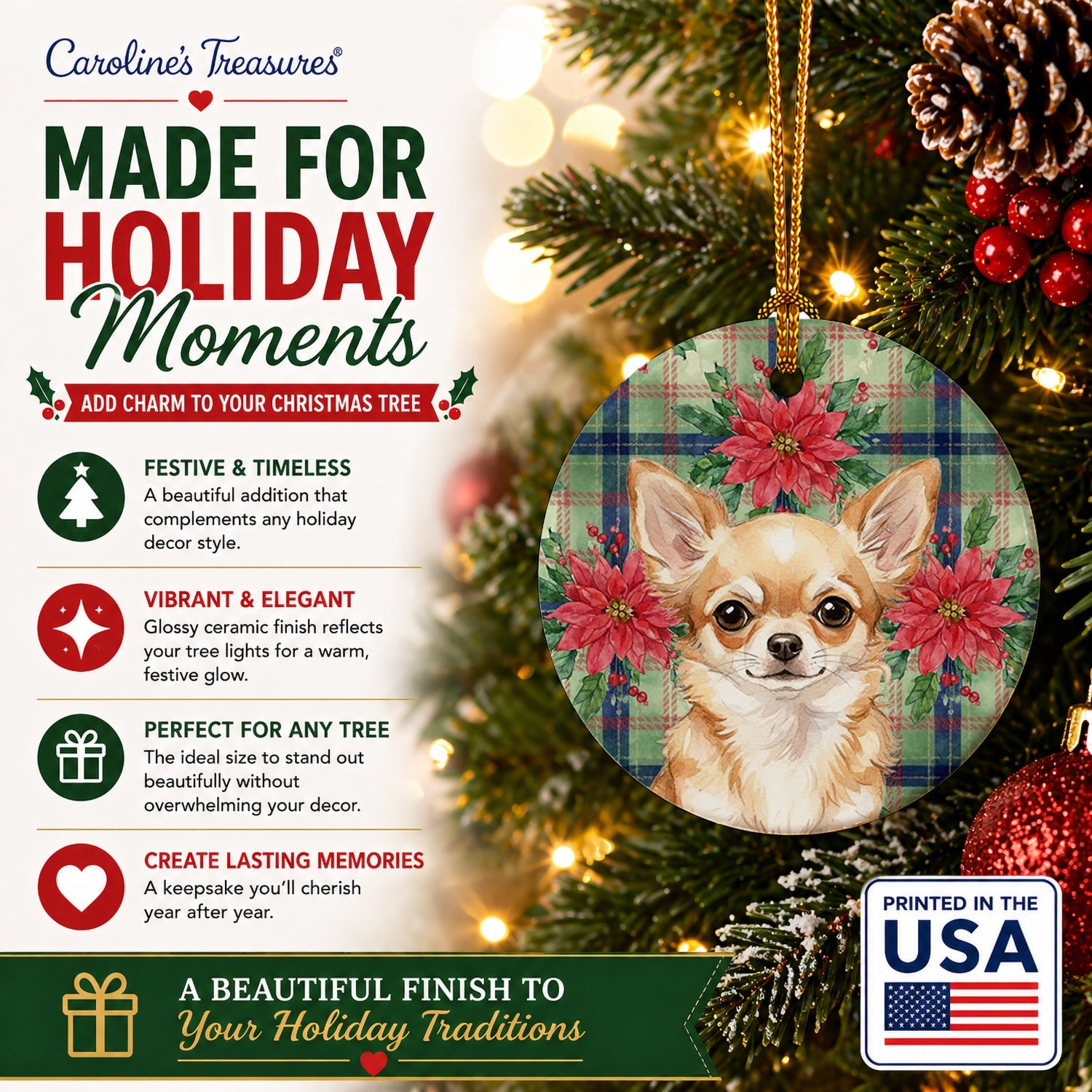 Fawn Chihuahua Christmas PoinsettIas Ceramic Ornament Christmas Tree Hanging Decorations for Home Christmas Holiday, Party, Gift, 3 in, Multicolor