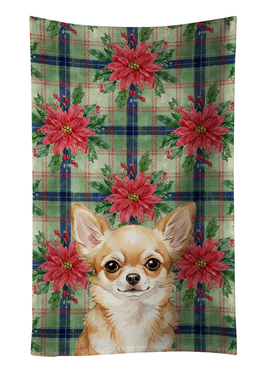 Fawn Chihuahua Christmas PoinsettIas Kitchen Towel Velour Plush Front and Cotton Loop Back Machine Washable