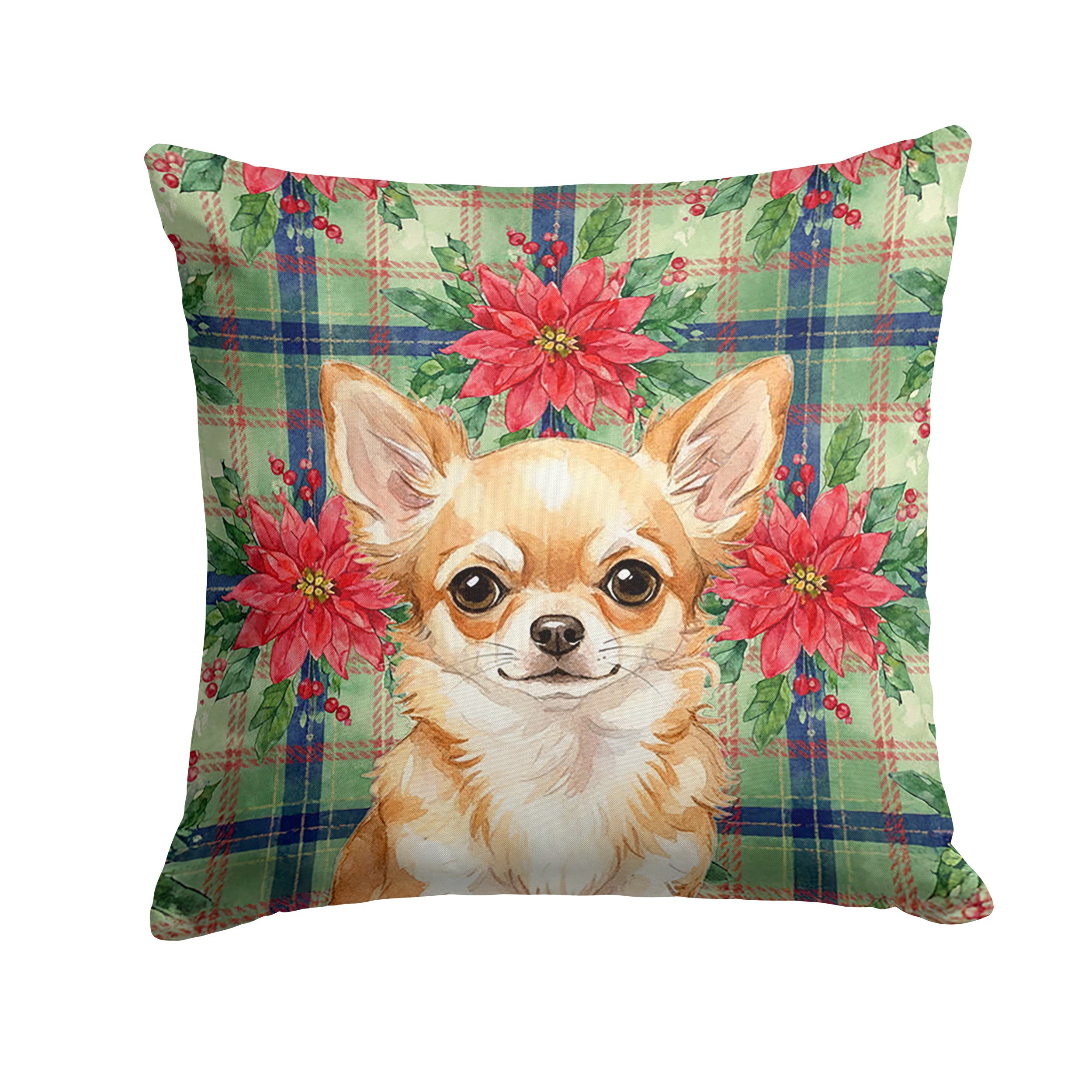 Fawn Chihuahua Christmas PoinsettIas Decorative Throw Pillow 18x18 Indoor Outdoor Accent Cushion, Fabric Cover with Insert for Sofa, Bed, Porch & Living Room