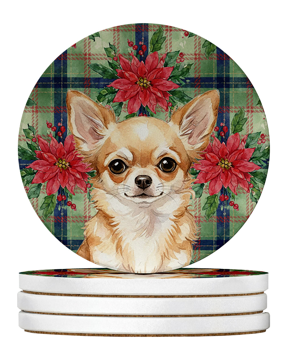 Fawn Chihuahua Christmas PoinsettIas Large Sandstone Coasters Pack of 4 Absorbent Round Coasters Decor Gifts for Men or Women, 4 in, Multicolor