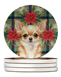 Fawn Chihuahua Christmas PoinsettIas Large Sandstone Coasters Pack of 4 Absorbent Round Coasters Decor Gifts for Men or Women, 4 in, Multicolor