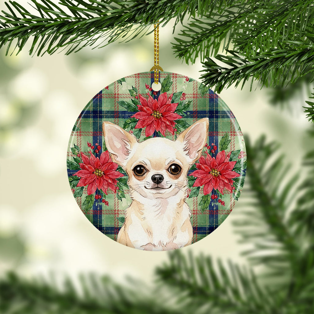 Cream Chihuahua Christmas PoinsettIas Ceramic Ornament Christmas Tree Hanging Decorations for Home Christmas Holiday, Party, Gift, 3 in, Multicolor