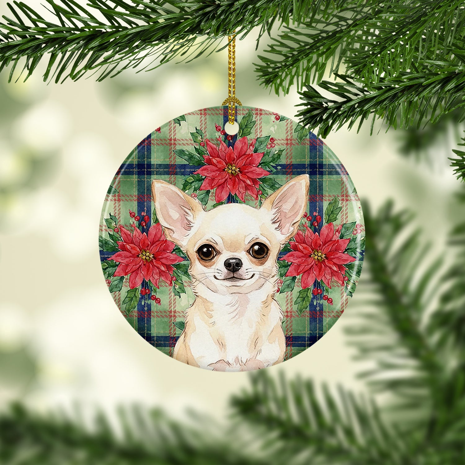 Cream Chihuahua Christmas PoinsettIas Ceramic Ornament Christmas Tree Hanging Decorations for Home Christmas Holiday, Party, Gift, 3 in, Multicolor