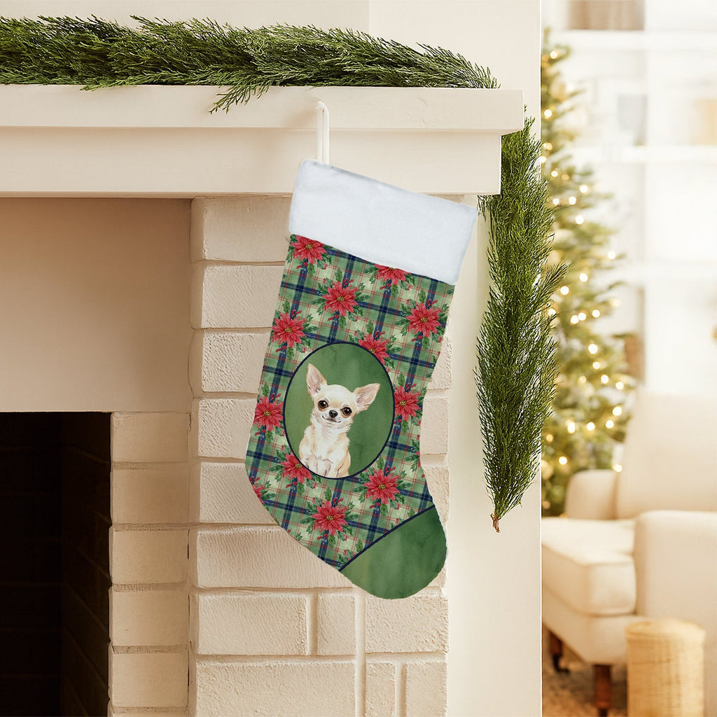 Cream Chihuahua Christmas PoinsettIas Holiday Stocking Double-Sided Print, Polyester Suede,11x18, Made in USA
