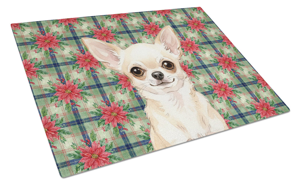 Cream Chihuahua Christmas PoinsettIas Cutting Board Tempered Glass Kitchen Cutting Surface, Heat Resistant Chopping, Non-Slip Feet, Food Prep & Serving