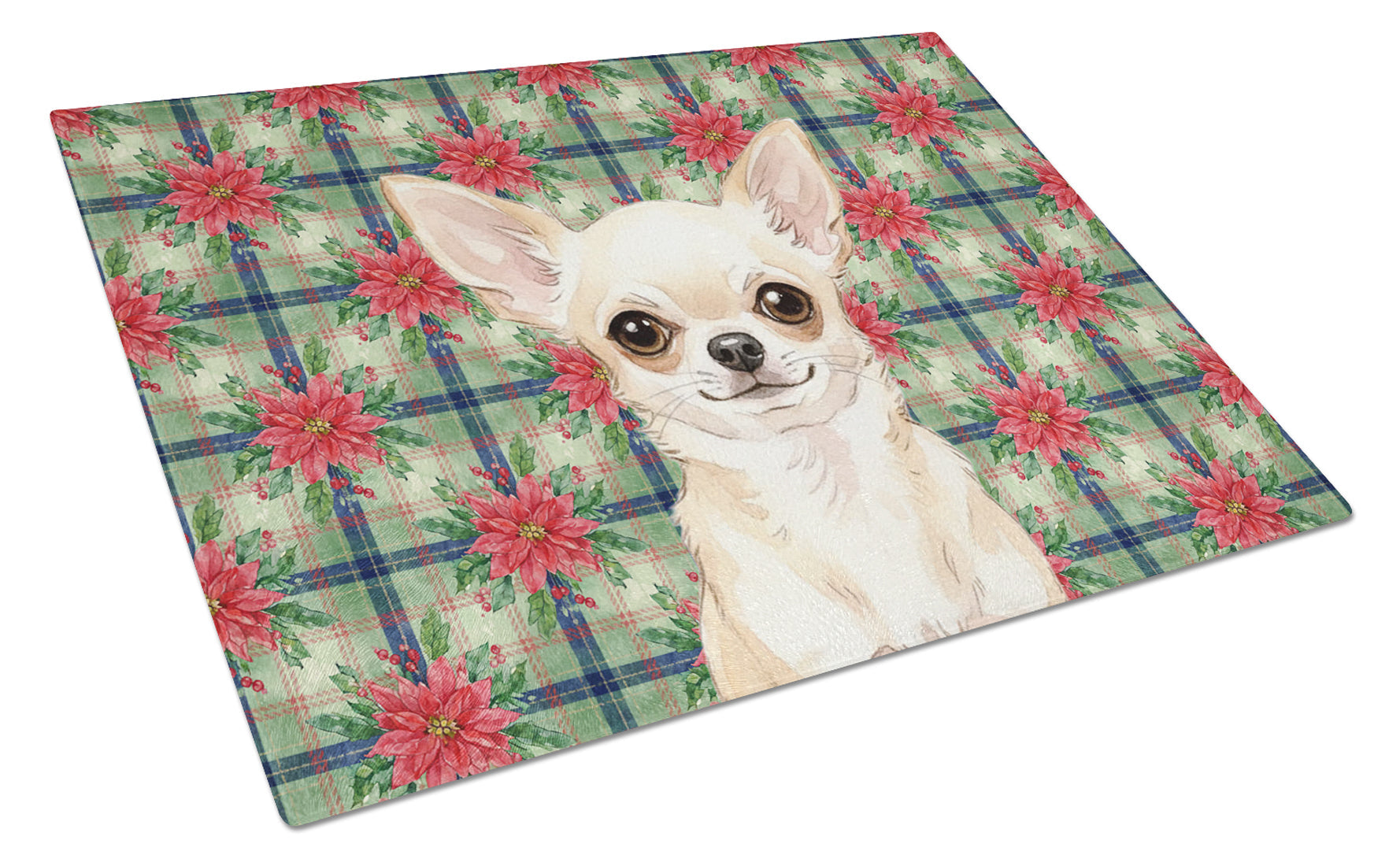 Cream Chihuahua Christmas PoinsettIas Cutting Board Tempered Glass Kitchen Cutting Surface, Heat Resistant Chopping, Non-Slip Feet, Food Prep & Serving