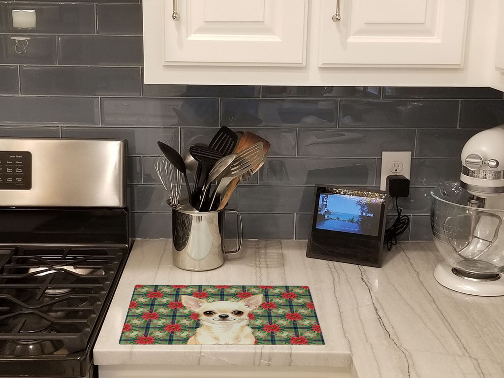 Cream Chihuahua Christmas PoinsettIas Cutting Board Tempered Glass Kitchen Cutting Surface, Heat Resistant Chopping, Non-Slip Feet, Food Prep & Serving