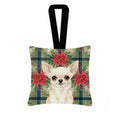 Cream Chihuahua Christmas PoinsettIas Hanging Square Fabric Ornament 3.5 � 3.5 Decorative Door-Knob & Tree Hanger, Soft Fabric