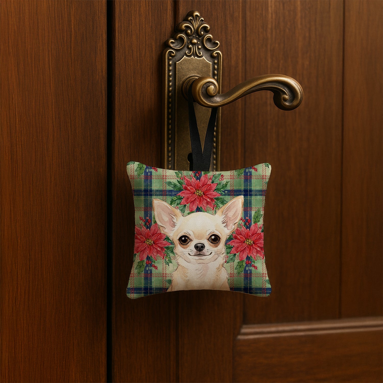 Cream Chihuahua Christmas PoinsettIas Hanging Square Fabric Ornament 3.5 � 3.5 Decorative Door-Knob & Tree Hanger, Soft Fabric