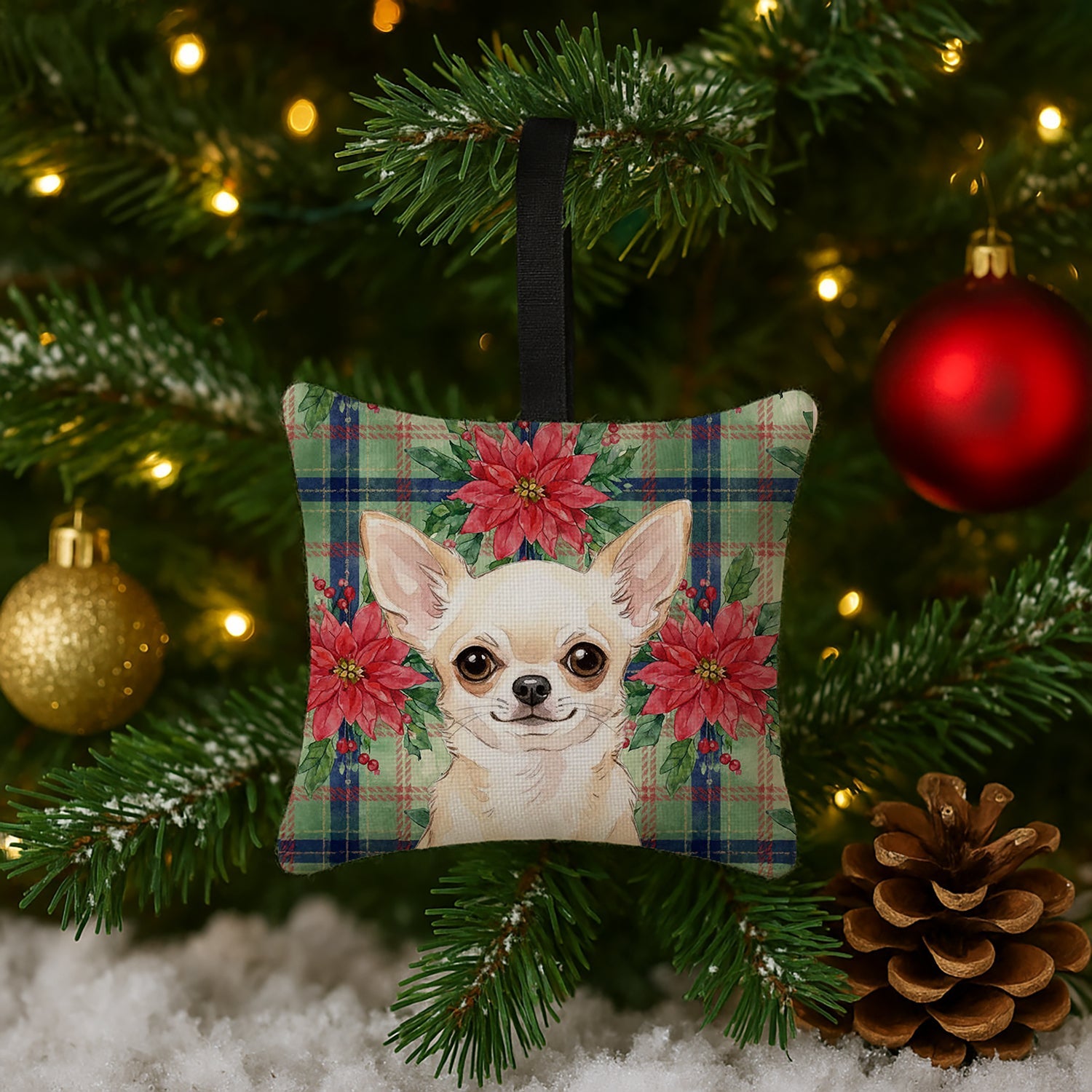 Cream Chihuahua Christmas PoinsettIas Hanging Square Fabric Ornament 3.5 � 3.5 Decorative Door-Knob & Tree Hanger, Soft Fabric