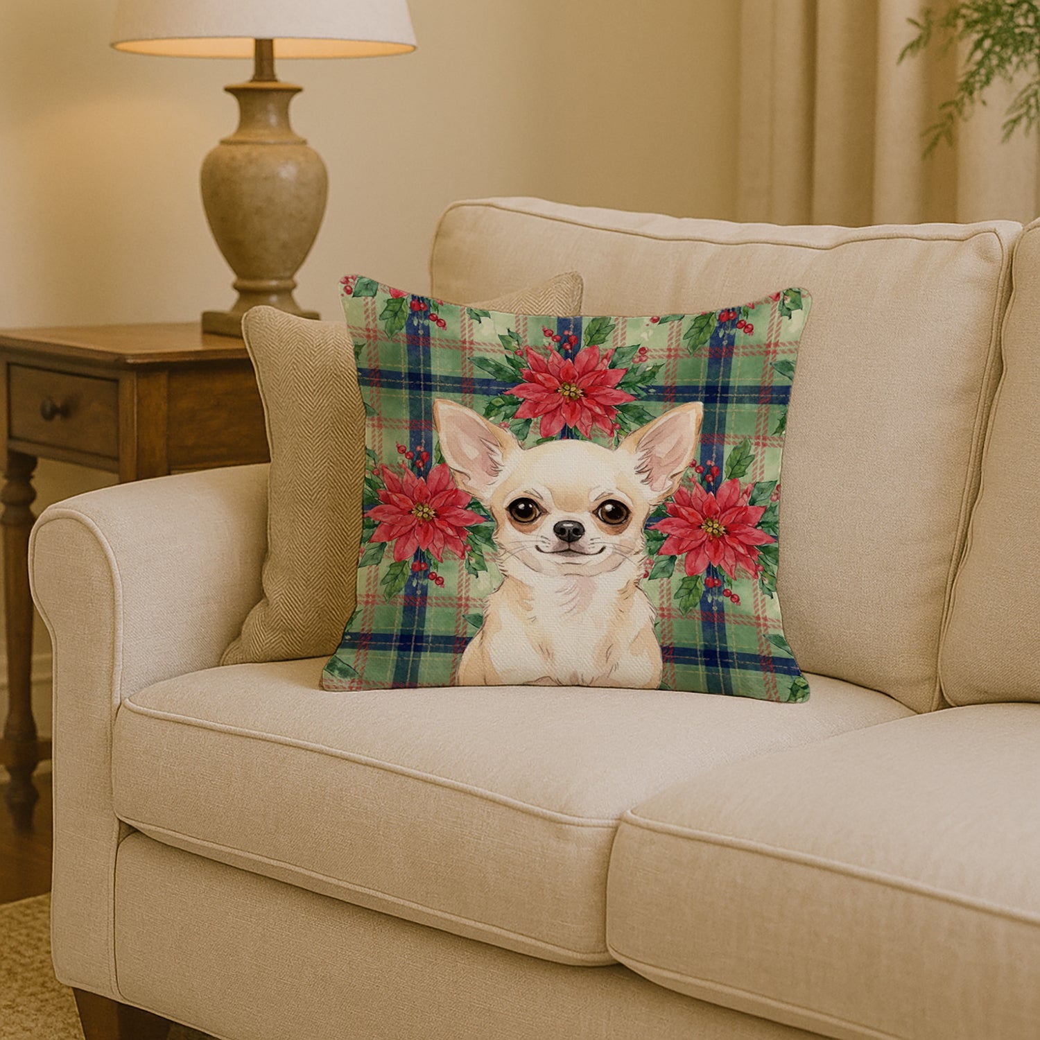 Cream Chihuahua Christmas PoinsettIas Decorative Throw Pillow 14x14 Indoor Outdoor Accent Cushion, Fabric Cover with Insert for Sofa, Bed, Porch & Living Room