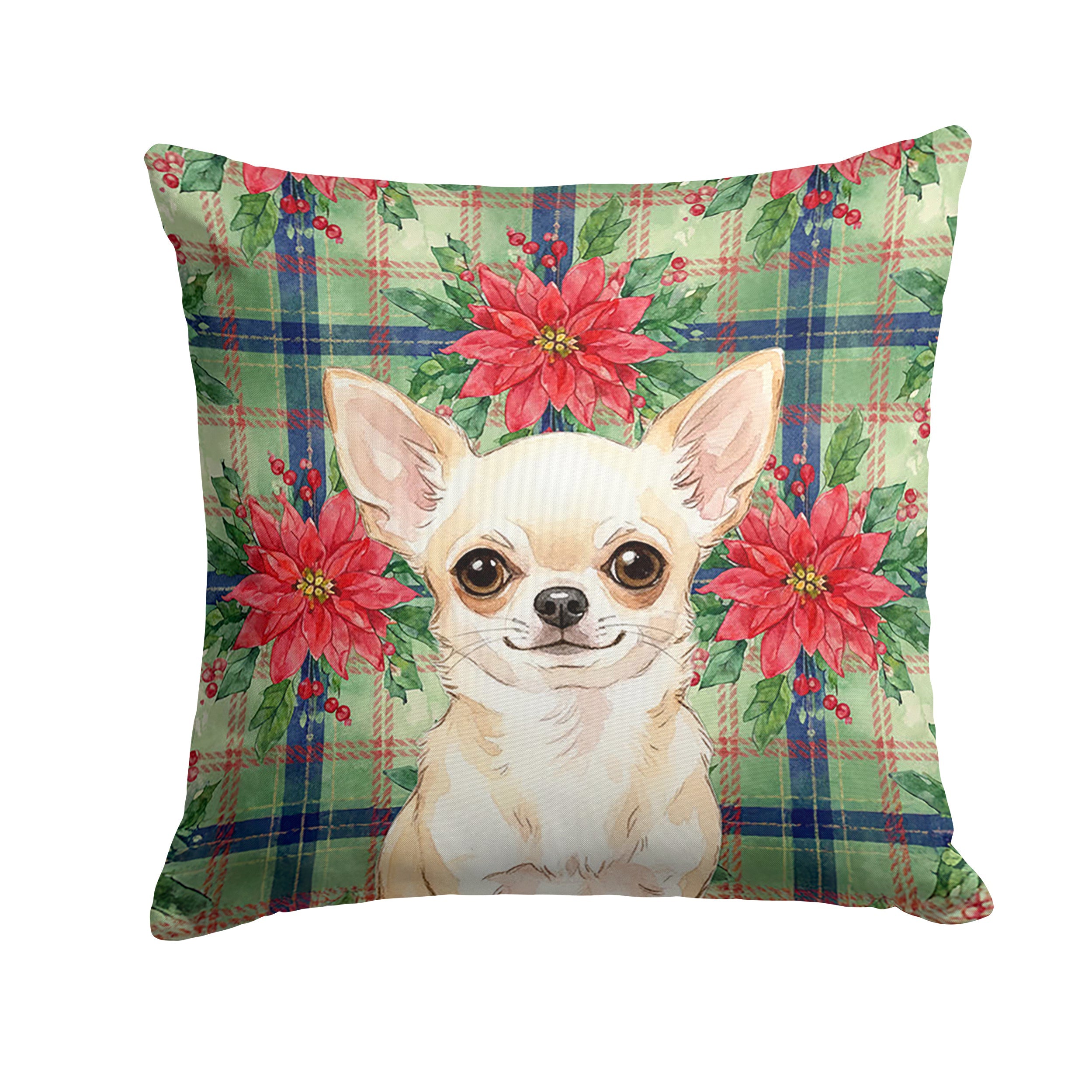 Cream Chihuahua Christmas PoinsettIas Decorative Throw Pillow 18x18 Indoor Outdoor Accent Cushion, Fabric Cover with Insert for Sofa, Bed, Porch & Living Room