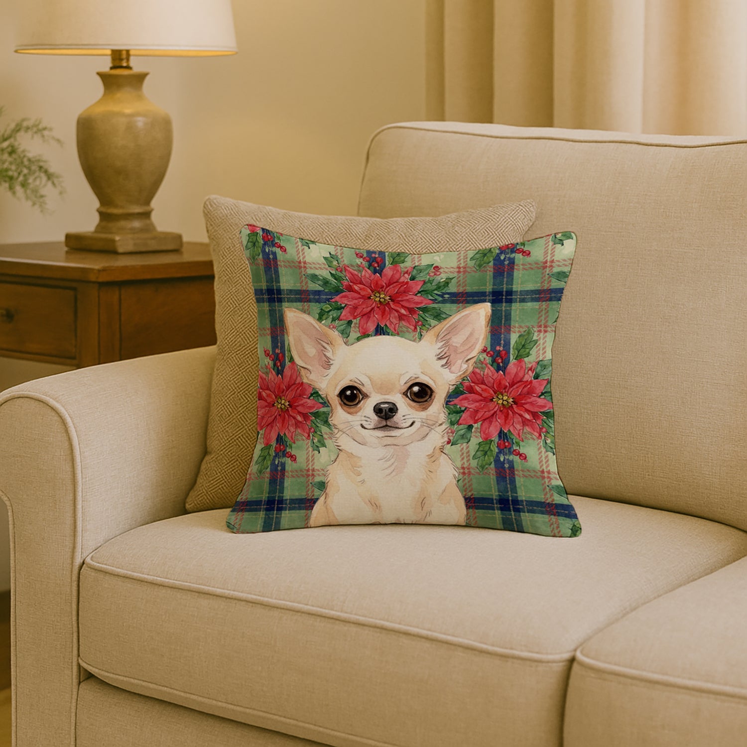 Cream Chihuahua Christmas PoinsettIas Decorative Throw Pillow 18x18 Indoor Outdoor Accent Cushion, Fabric Cover with Insert for Sofa, Bed, Porch & Living Room
